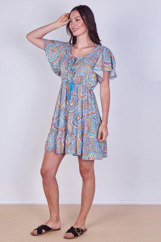 Elaina Fashion Mini Dress – Effortless Boho Style with Paisley Print - Onesize (8-14) - Blue