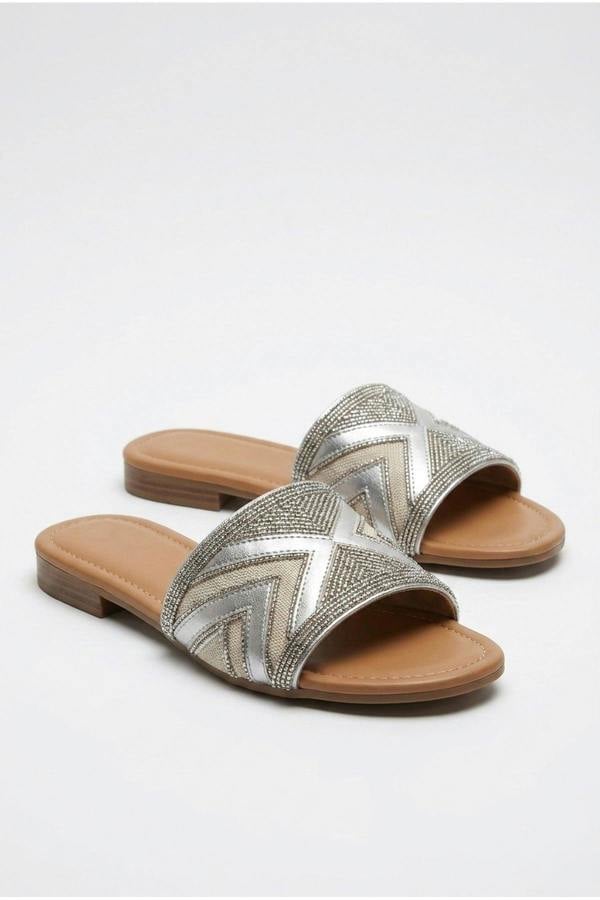 Octavia Geometric Woven Strap Sliders - Silver