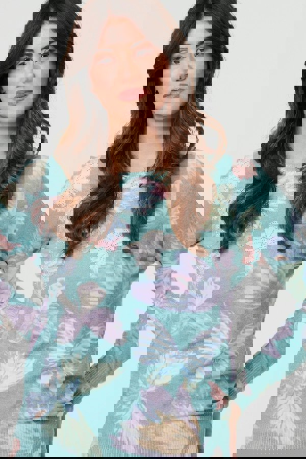 Green | Butterfly Print Diamante Detail Knit Top
