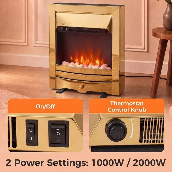 Electric Fireplace Stove Freestanding/Inset, 2000W, Electric Fire with LED Flame, Pebbles, Adjustable Thermostat, Gold