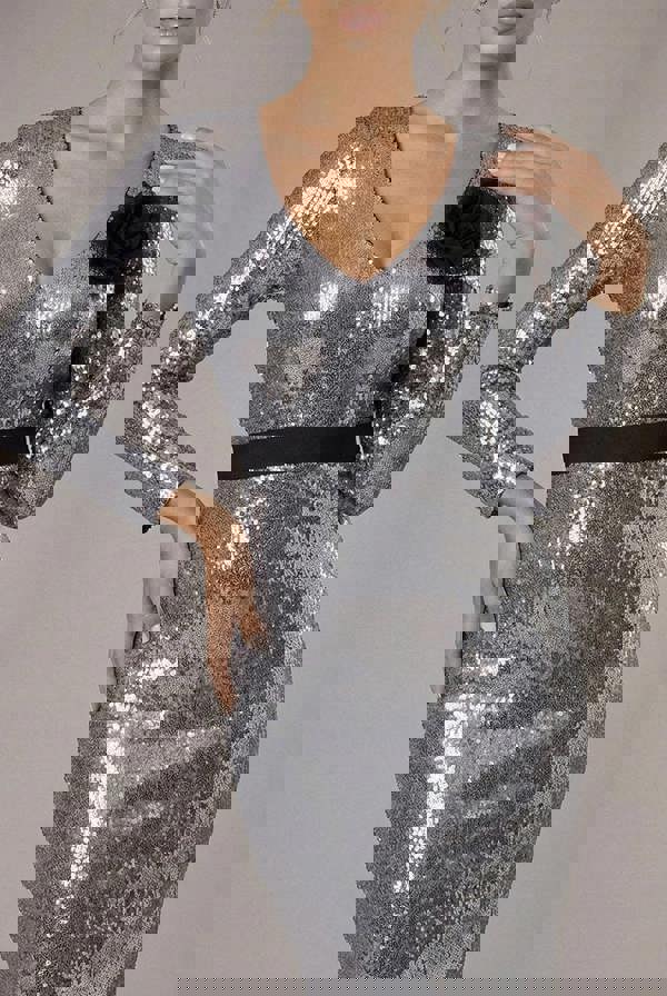 Liquid Sequin Midi Dress With Corsage - Silver DR4072