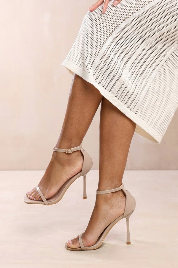 Where's That From Mila Strappy Stiletto Heel Sandal With Ankle Starp Closure in Nude Pu