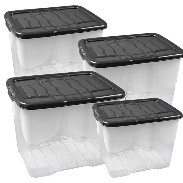 Pack Of 5 Strong Durable 24 Litre Curve Plastic Storage Boxes With Black Lids For Home & Office