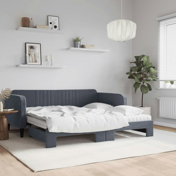 Berkfield Daybed with Trundle and Mattresses Dark Grey 90x190 cm Velvet