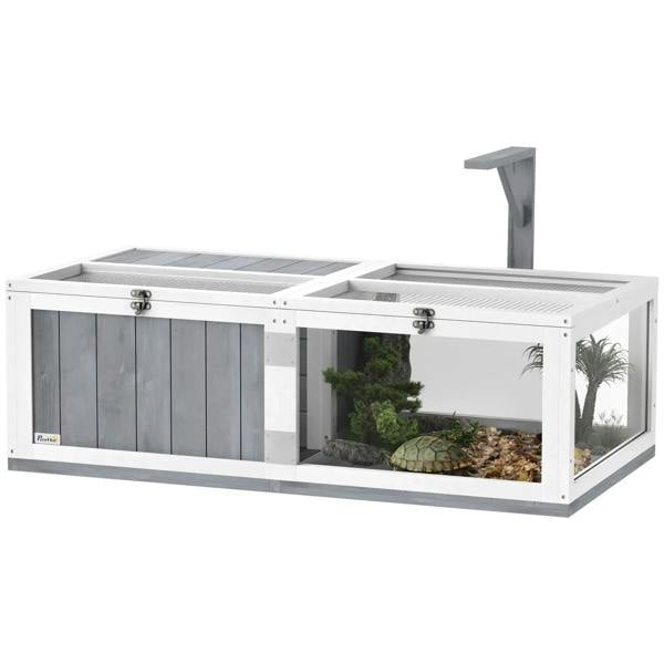 Light grey wooden tortoise outdoor house with lamp holder, clear side windows, openable tops