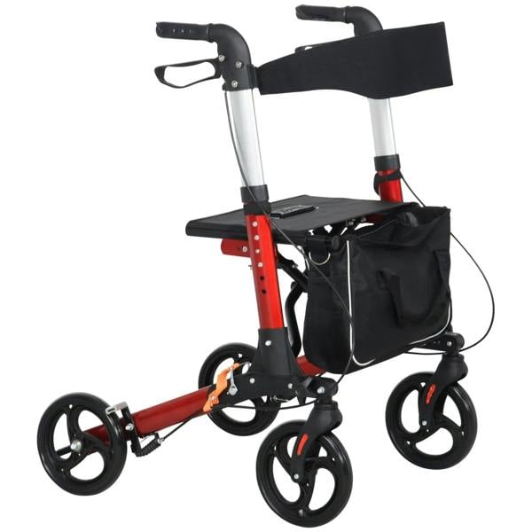 Red folding rollator walker side view with black seat, backrest, and front pouch