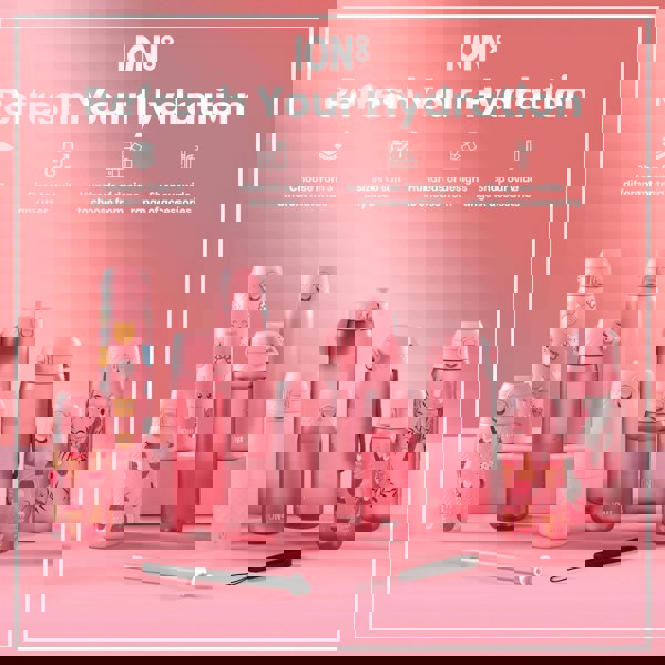 Pink ION8 water bottles, various sizes and designs, are displayed on a pink surface; accompanying text advertises material choices, sizing, design options, and accessories.