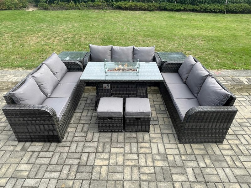 Fimous Rattan Outdoor Garden Furniture Set with Gas Fire Pit Table, 2 Side Tables, 3 Sofas, 2 Footstools - 11 Seater - Dark Grey