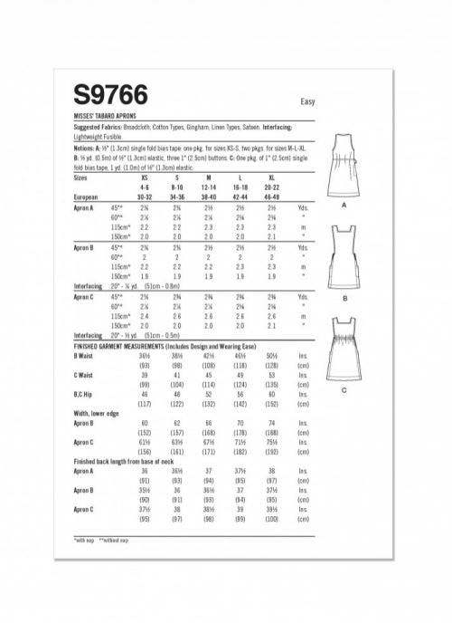 Simplicity Sewing Pattern 9766, Aprons for Women, A (XS-S-M-L-XL) - Easy