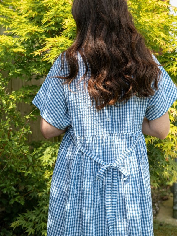 Antonia York Check Dress | Martina Short Sleeve Cotton Gingham Seersucker Oversized Dress - Blue