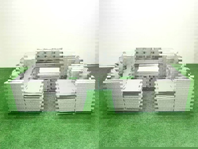 Fimous Rattan Garden Furniture Set Outdoor Lounger Sofa with Coffee Table 4 Footstools 2 Side Tables Light Grey Mixed 12 Seater