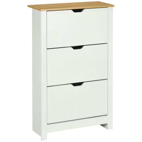 Wyld Haus Rokeha Wooden White and Natural Narrow Shoe Cupboard With 3 Flip Drawers For 18 Pairs