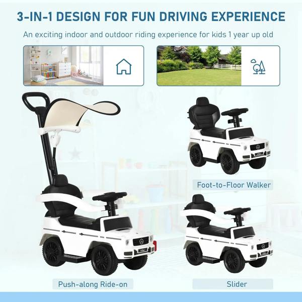 White kids ride-on push car with black seat and steering wheel, manual push-along walker