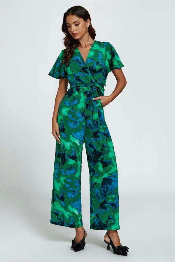 FS Collection Abstract Print Wrap Top Jumpsuit In Green