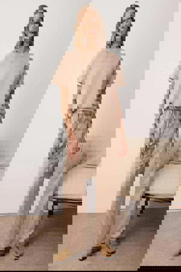 WOVCOR 2-Piece Waffle Textured Knit Pajama Set with Waist Tie Detail