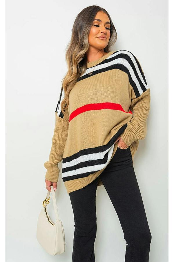 Ava Oversized Striped Long Sleeve Knitted Jumper - Camel
