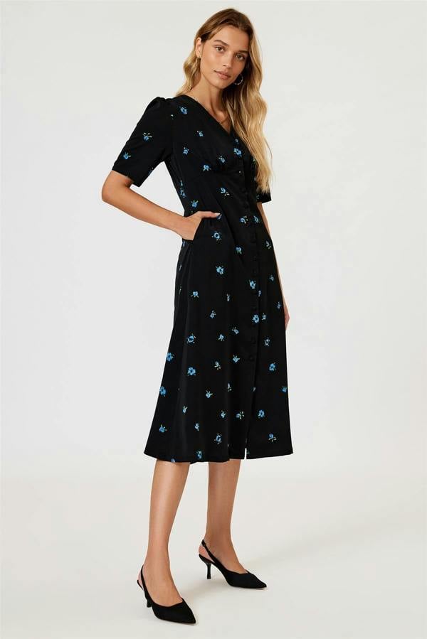 FS Collection Blue Floral Print Button Front Midi Dress In Black
