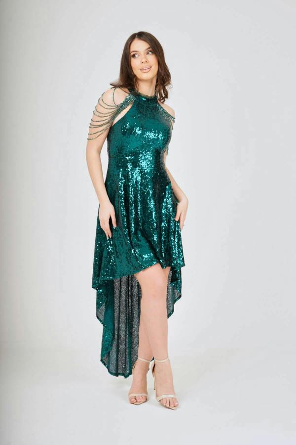 LuvForever Emerald Jewel Shoulder Hi-Lo Sequin Dress