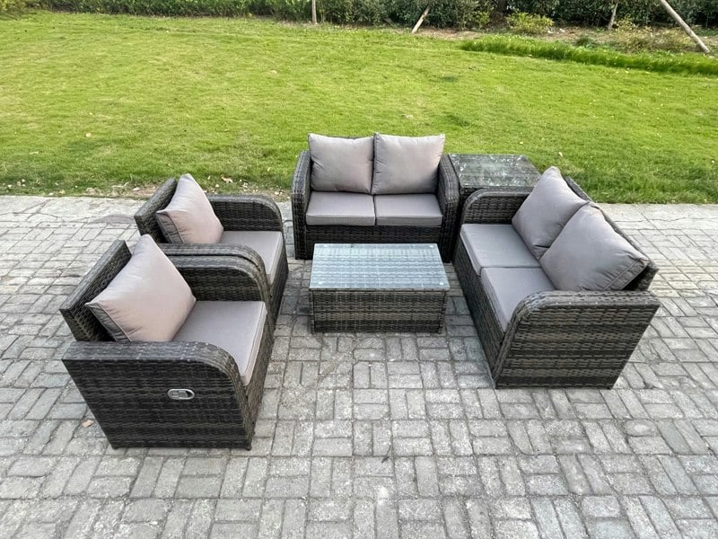 Fimous Rattan Garden Furniture Set 6 Seater Patio Outdoor Lounge Sofa Set with 2 Reclining Chairs Rectangular Coffee Table Side Table Dark Grey Mixed