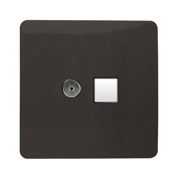 Trendi Switch 2 Gang TV Co-Axial & RJ45 Cat 6 Modern Designer PC Ethernet Sockets in Dark Mocha Brown