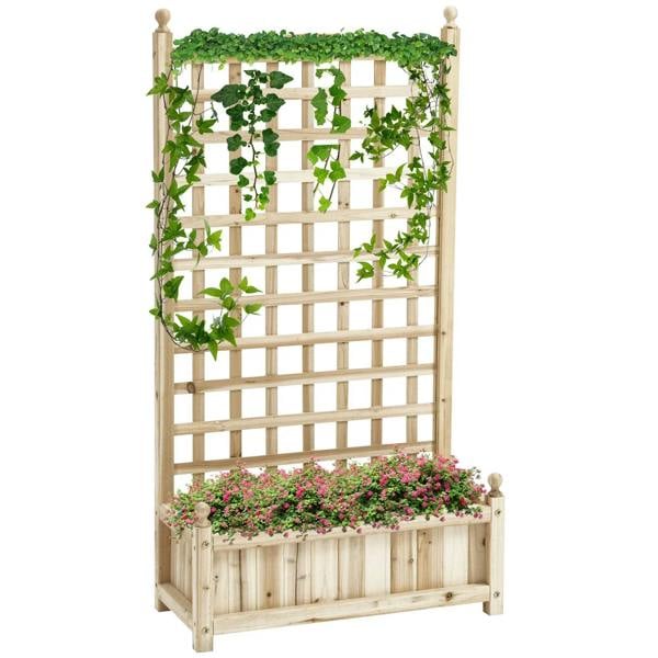 Wood raised planter with trellis for climbing vines and built-in planter box