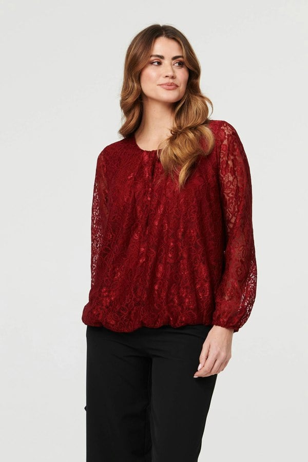 Burgundy | Floral Lace Semi Sheer Ruched Blouse
