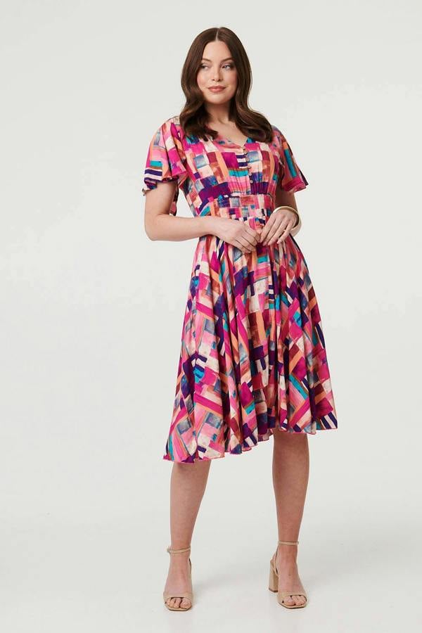 Pink | Geo Print Angel Sleeve Midi Dress