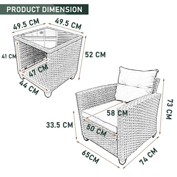 Furniture One Outdoor PE Rattan Bistro 3 Piece Set, Patio Balcony Furniture with Tempered Glass Top Coffee Table Conservatory Set