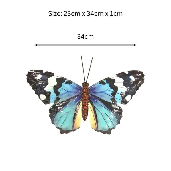 EDH Door Hardware Medium Metal Blue Butterfly Wall Art – 23 x 34 x 1 CM | Hand-Painted 3D Butterfly Décor | Weatherproof Metal Wall Decoration
