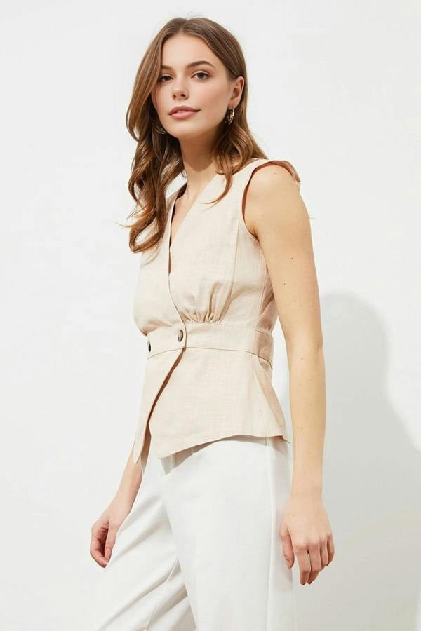 WOVCOR Double-Breasted Woven Blouse with Bone Button Detail