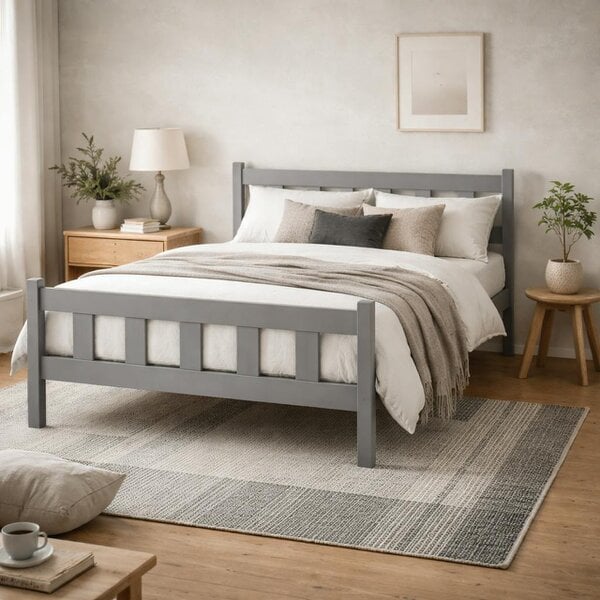 Wyld Haus Tralee Grey Washed Wooden 4ft6 Double Bed with Panelled Headboard and Footboard