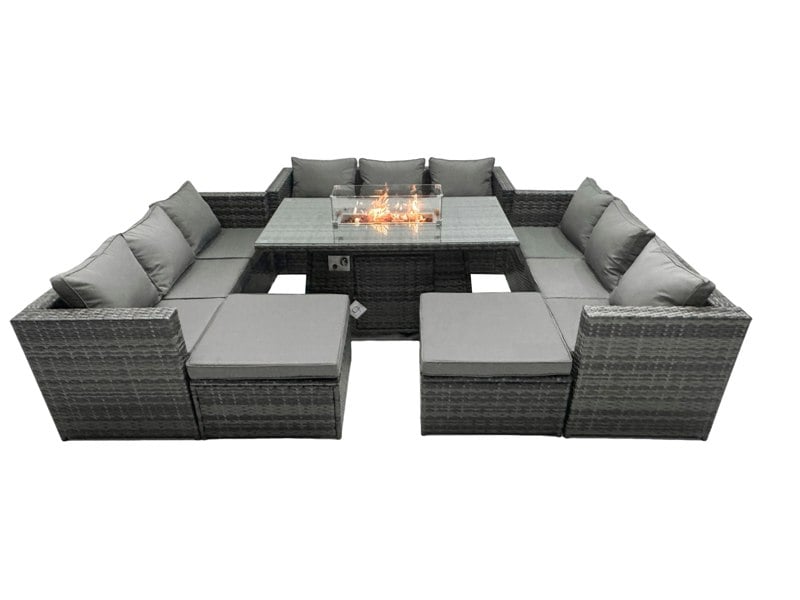 Fimous Outdoor Rattan Fire Pit Dining Set | 11-Seater Garden Lounge Furniture with Glass Table - Dark Grey