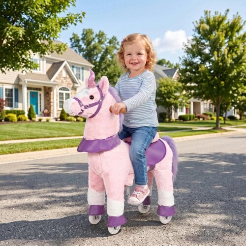 AIYAPLAY Rocking Horse, Plush Ride on Horse with Rotatable Head, Pink