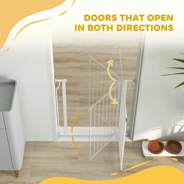 White dog gate with door that swings both directions, shown in doorway