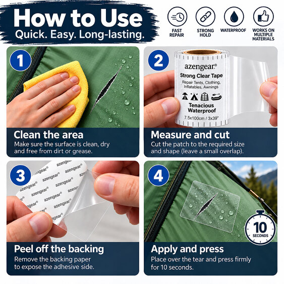 aZengear Strong Clear Tape for Tent Repair | Waterproof, Tenacious