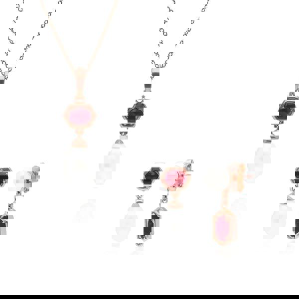 270P030402925-270E030402925 Modern Pearl & Ruby Pendant & Earring Set in Rose Gold Plated Silver 1