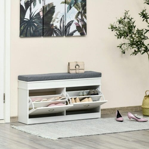 Wyld Haus Nedola Wooden White Shoe Storage Bench With Cushioned Seat 2 Flip Drawers