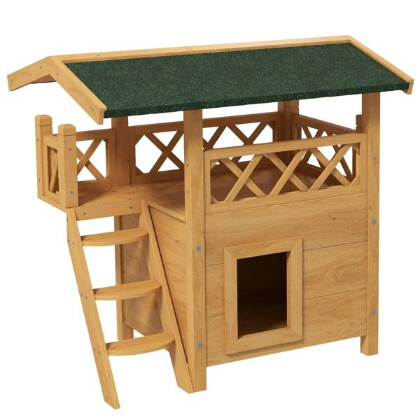 Outdoor wooden cat house with green felt roof, balcony railing, and side ladder stairs
