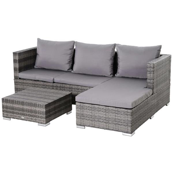 Wyld Haus Sevafa Rattan Grey L Shaped Outdoor Corner Sofa And Coffee Table Set With Cushions