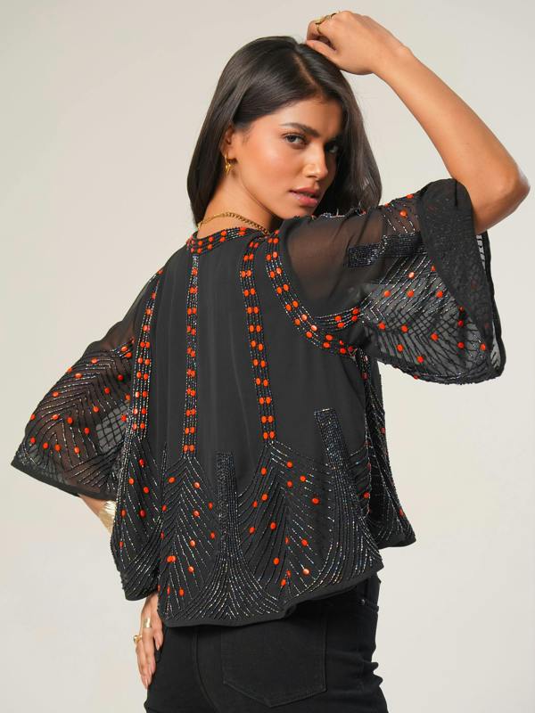 Rose & Nancy Anna Black Cape Sleeve Hand Beaded Top