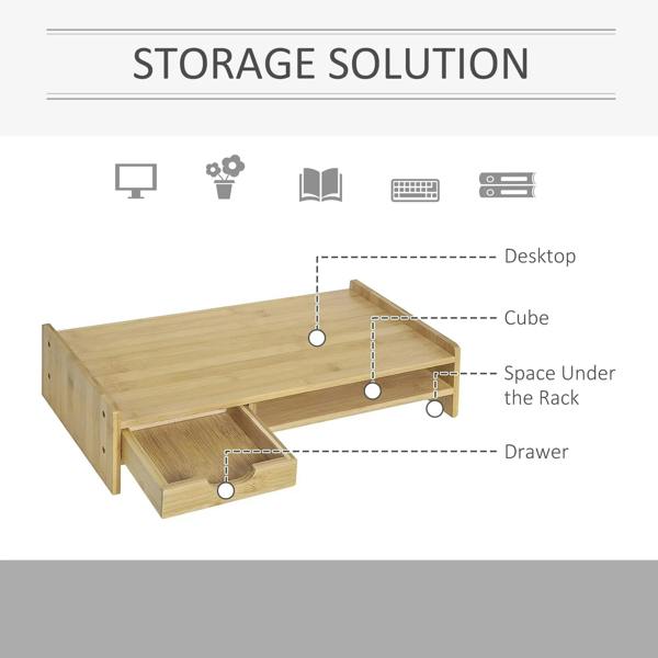 Bamboo monitor riser stand diagram with under-rack space and drawer storage
