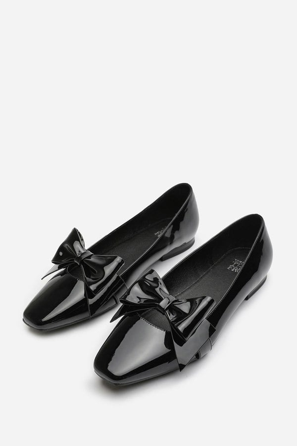 Where's That From Jessica Pointed Toe Ballet Flats With Bow Detail In Black Patent Finish