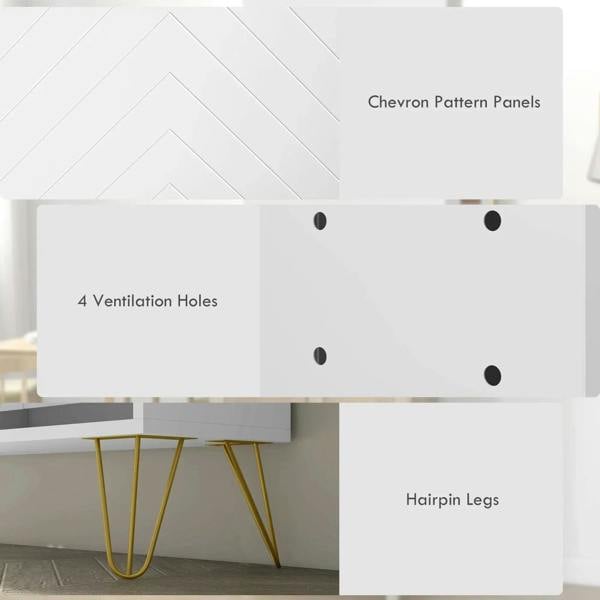 White shoe cabinet underside with chevron panels, ventilation holes, and gold hairpin legs