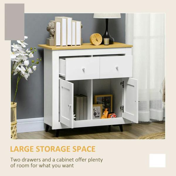 White sideboard cabinet with open storage doors and two drawers, wood top