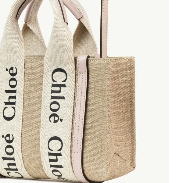 Chloé &nbsp;tote bag in linen canvas &amp; cement pink leather with Chloé logo webbing
