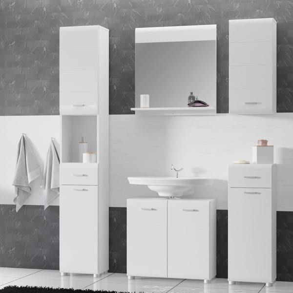 Furniture To Go Ice Cave Bathroom Storage Cupboard with 1 Door & 1 Drawer with Silver Handles in White with White High Gloss Door