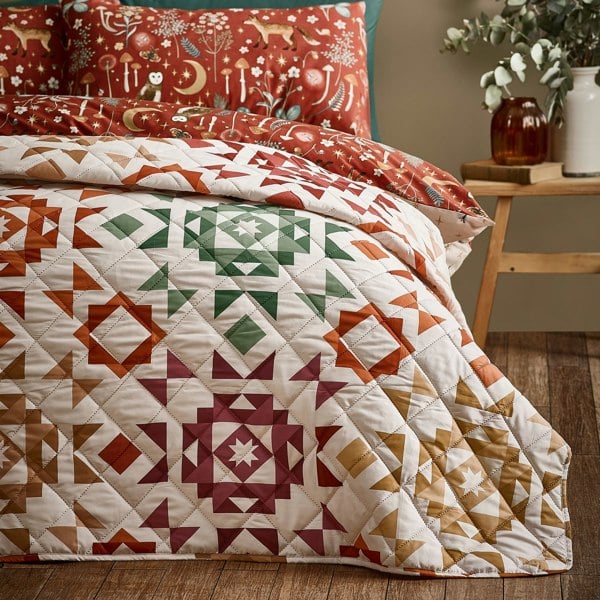 Catherine Lansfield Autumn Patchwork Geo Quilted Bedspread Natural