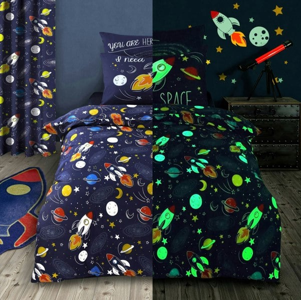 Velosso Space Glow In Dark Printed Cotton Blend Duvet Cover and Pillowcase Set