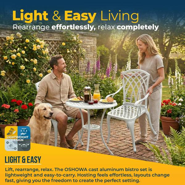 Homeology OSHOWA White Aluminium Weatherproof Outdoor Table and 2 Comfortable Chairs with Armrests Bistro Set