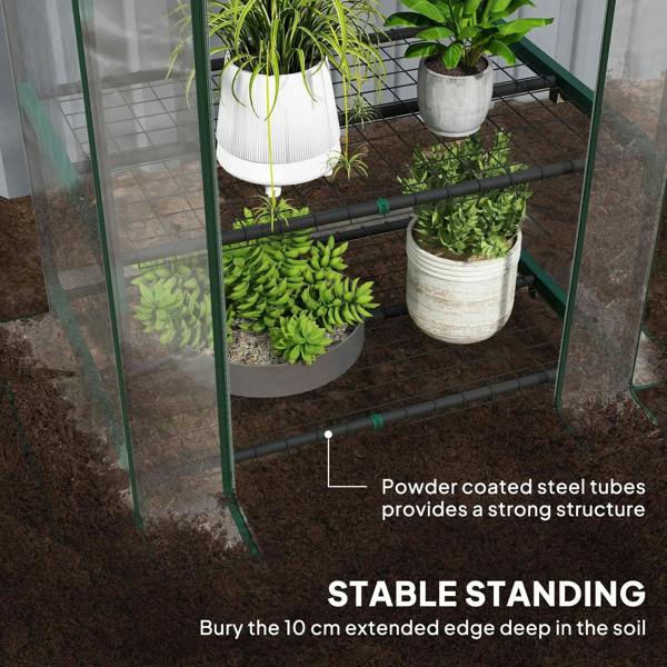 Mini greenhouse interior with clear panels, green powder-coated steel frame, potted plants
